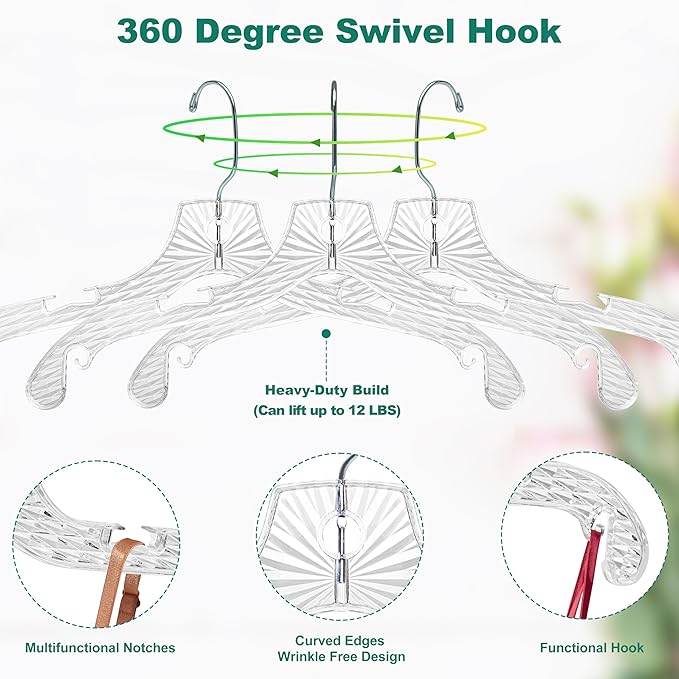 Quality Hangers 12 Pack Crystal Clear Plastic Hangers with Easy Swivel 360 Degree Hook Slim Crystal Coat Hangers 17 Inches (12, 17")
