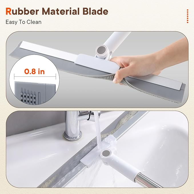 Floor Squeegee for Concrete Floors, 180° Rotating Silicone Broom, Squeegee for Floor with Long Handle and Dual-Sided Blade Design, Water and Pet Hair Remover for Bathroom Floors, Tile, Deck and Glass