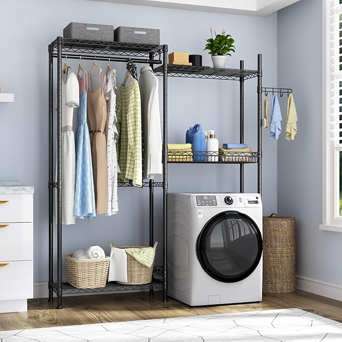 Golpart Over Washer and Dryer Shelves,Laundry Room Storage Organization Clothes Drying Rack,4 Tier Adjustable Height Wire Shelving with Wire Basket,Hanger Rod&Hook,Space Saving Shelf