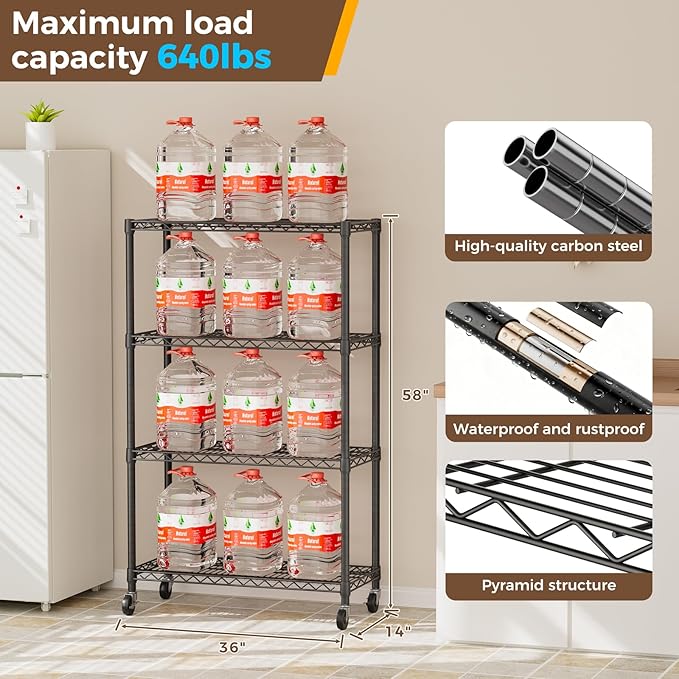 Golpart 4 Tier Shelves Storage Shelf Wire Closet Bathroom Organizers Metal Pantry Kitchen Garage Shelving Unit Laundry Room Organization Home Rack Net Basket Black 14”D X 36”W X 58”H