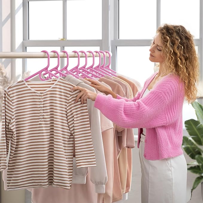 NEATERIZE Thick Heavy Duty Hangers - Pink Plastic Clothes Hangers 12 Pack - Great for Coat Hanger, Jackets Jeans & Suit Hanger for Closet - New Apartment Essentials Percheros Ganchos para Colgar Ropa