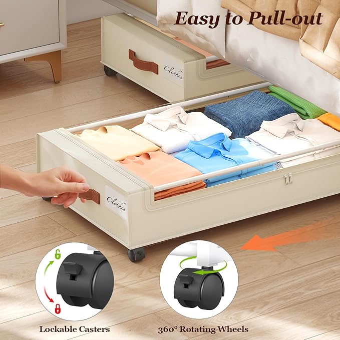 Yecaye 70L Under Bed Storage with Wheels, 3 Pack Larger Capacity Under Bed Storage Containers, Underbed Shoe Storage Organizer, Rolling Under Bed Metal Drawers for Clothes, Blankets, Beige