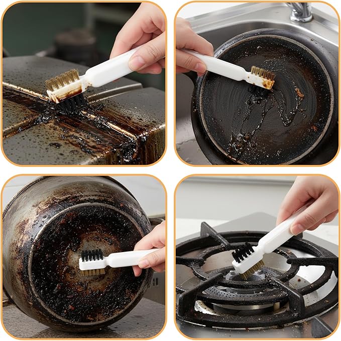 4 in 1Kitchen Cleaning Scrub Brush, Deep Gas Stove Brass Wire Brush with Stiff Bristles & Cooktop Scraper Stainless Steel Scrubber for Range Hood Grease Grime Pot Pan Household Cleaning Tool