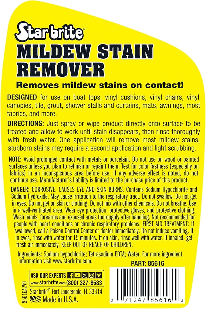 STAR BRITE Professional-Grade Mildew & Mold Stain Remover + Cleaner - Instant Contact Stain Removal, Ideal for Marine & Outdoor Upholstery