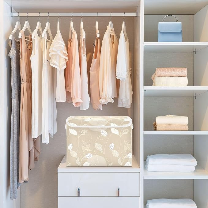 Large Storage Bins with Linen Collapsible Foldable Storage Cubes Fabric Closet Organizer Containers box with Flip-Top Lid for Home Bedroom Office 16.7 x 12.6 x 11.8in (White Line Leafs Ink Beige)