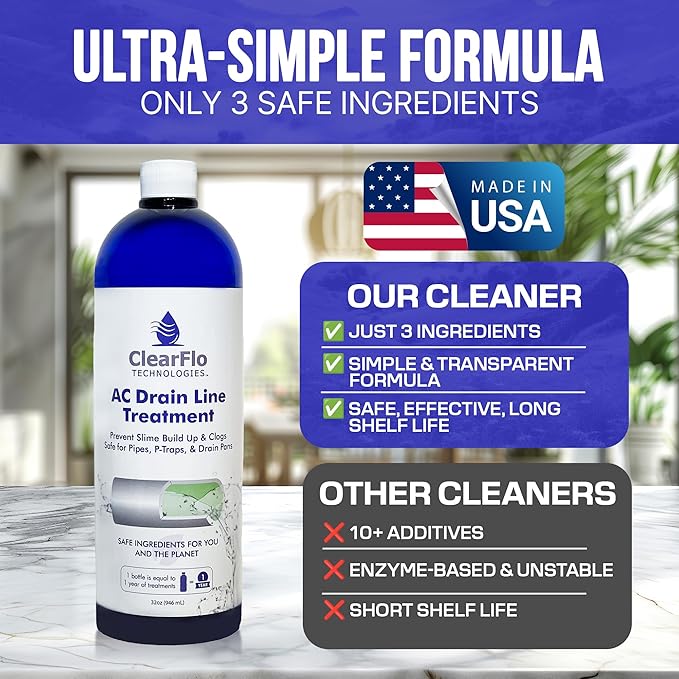 AC Drain Line Cleaner / 12 Month Supply | Safe Chlorine Free Non Toxic Formula with Natural Tea Tree Oil | HVAC Drain Line Solution for Tough Clogs & Buildup