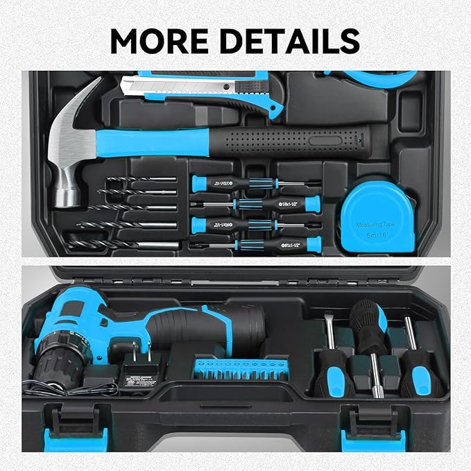 Auto Dynasty 27 Pieces Portable Cordless Drill and Home Hand Repair Kit 12V 1300mAh Lithium Power Tool Kit Set for DIY Household Office Warehouse with Charger, Blue