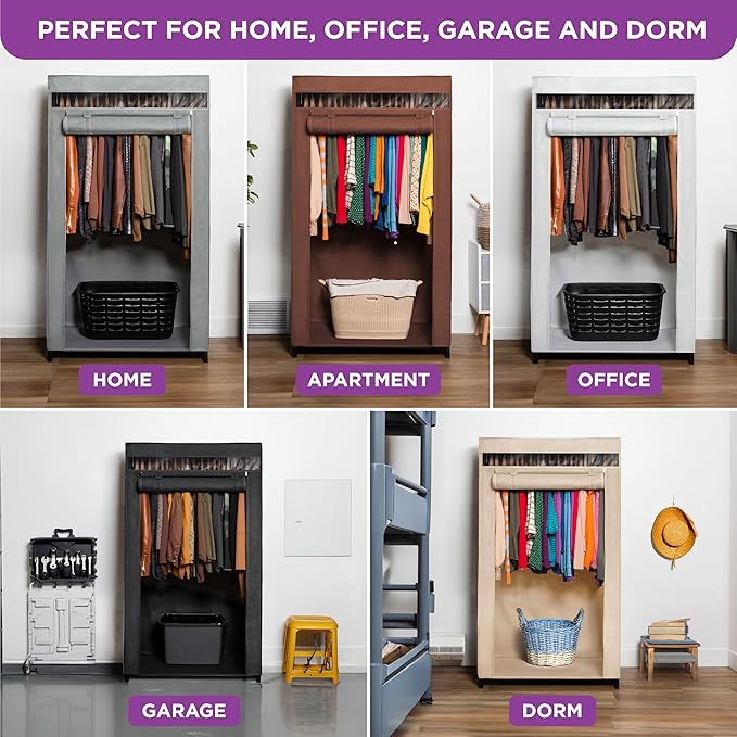 HOLDN’ STORAGE Portable Wardrobe Closet - 50 lb Capacity, Internal Heavy Duty Metal Rod, Zipper & Clear Window, Durable Clothes Organizer, Tool-Free Easy Assembly, Beige Canvas Cover