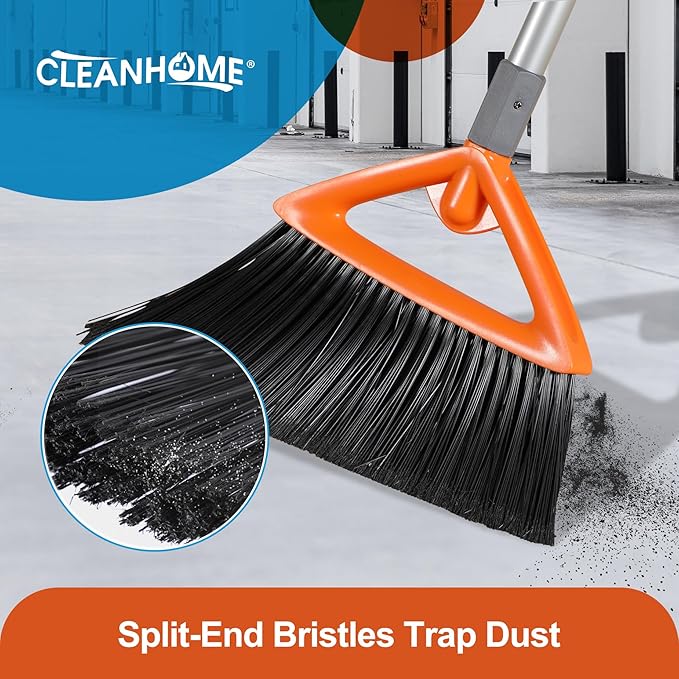 Heavy Duty Outdoor Broom and Dustpan Set with Long Handle, Standing Dustpan & Split-End Bristles for Patio, Garage, Deck, Leaves Debris Cleaning