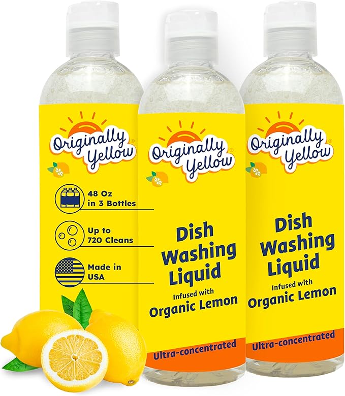 Originally Yellow USA Made Lemon Natural Dish Soap | Hypoallergenic Soap Great For Sensitive Skin as well as Pet & Baby Safe | Bulk 3 Pack