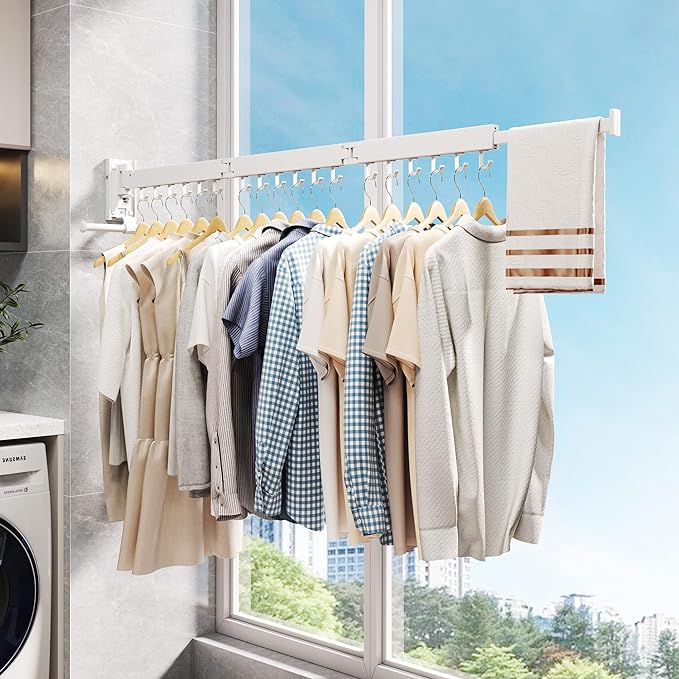 ZdwCyl Clothes Drying Rack,Laundry Drying Rack Wall Mount, Wall Mounted Clothes Rack,Retractable,Collapsible(Tri-Fold),Drying Rack Clothing,can Fold Upward & Left & Right,Space Saver, White Color