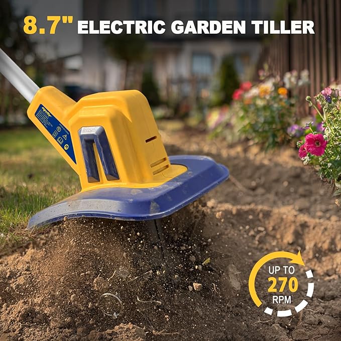 Cordless Tiller Cultivator Compatible with Dewalt 20V Battery(Tool Only), Electric Garden Tiller w/270 RPM, 48 Steel Tines, 8.7" Tilling Width, 6.3" Depth, Portable Rotary Tiller