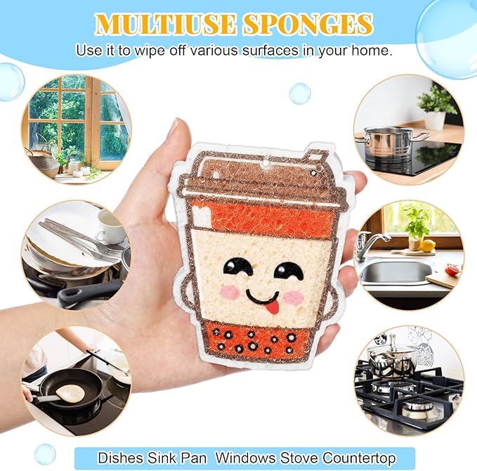8 Pack Cute Kitchen Sponges Dish Set Compressed Non-Scratch Reusable Kitchen Cleaning Household Sponges for Dishes, Pans, Kitchen, Fruit, Plate, Bathroom(Bubble Tea)