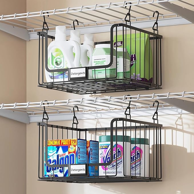 3-Pack Hanging Laundry Organizer, Stackable Wire Shelf Storage with Label Cards, Foldable Metal Baskets with 360 Rotating Hooks, Space-Saving for Laundry Room, Closet & Pantry, 11"15" Large, Black