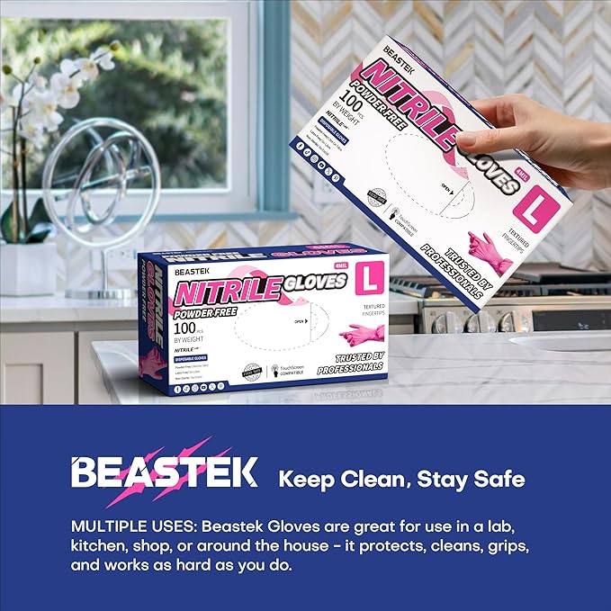 Beastek Nitrile Disposable Exam Gloves, 4Mil 100Ct Powder-Free Latex-Free Food-Safe for Cooking Medical Esthetician, Hot Pink