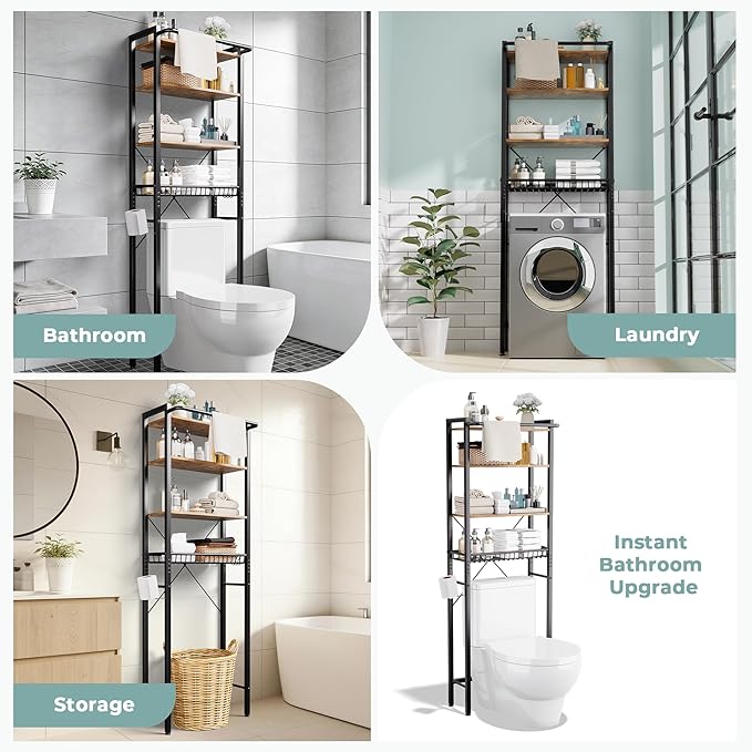 GRUSIGN Over-The-Toilet Storage Shelf, 4-Tier Bathroom Organizer Shelf, Freestanding Space Saver Shelves Over Toilet with Adjustable Shelf for Bathroom, Brown