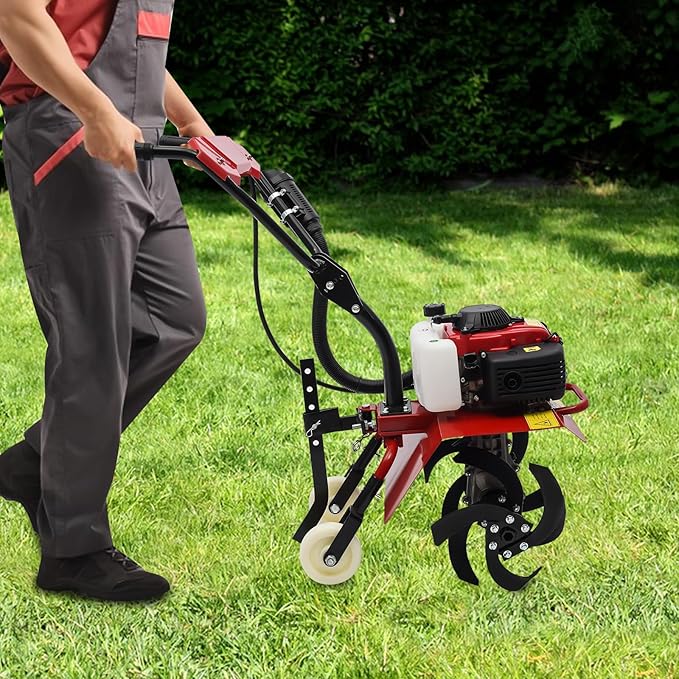 63CC Air-Cooled 4-Stroke Engine, Full-Size Front Tine Tiller, Tilling Width 13.8In, Adjustable Tilling Depth 1.97-5.90In, Rototiller Garden Tool for Weeding, Mixing Fertilizers
