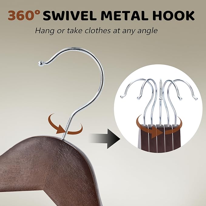 Edergoo Wooden Hangers, 30 Pack Wood Hangers with 360-Degree Rotatable Hook and Pants Bar, Smooth Finish Coat Hanger Wooden for Closet, Walnut