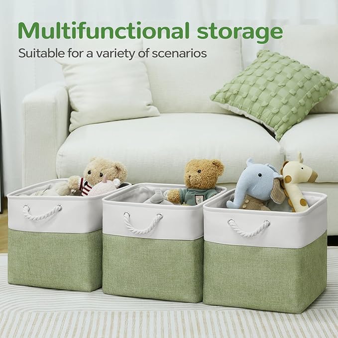 13 x 13 Inch Cube Storage Bins, 6 Pack Fabric Storage Basket with Handles, Foldable Boxes Organizer for Shelf Baskets for Home, Clothes (White/Green)