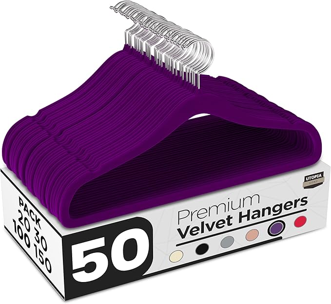 Utopia Home Velvet Hangers 50 Pack – Luxury Non-Slip Slim Pant & Coat Hangers, Strong Space-Saving Clothes Hangers with Pants Bar and 360° Swivel Hook – Purple