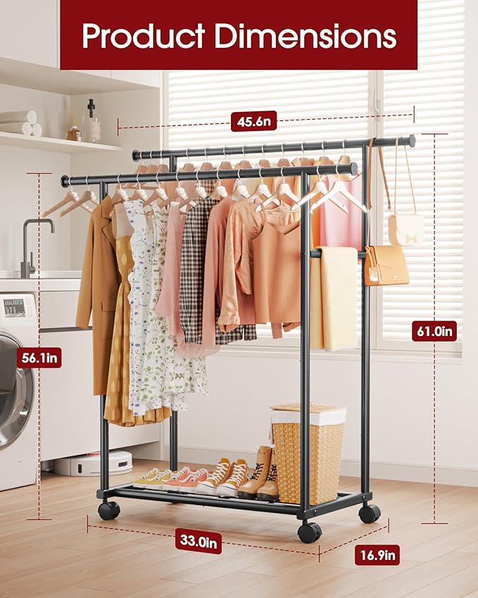 Sakugi Metal Clothes Rack - Double Rod Clothing Rack with Fixed Design and Rolling Wheels, Coat Rack with Built-In Shelf for Closet Organizers and Storage (45.6" x 16.9" x 61.0", Black)