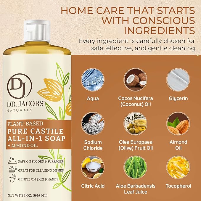 Dr. Jacobs Naturals Almond Castile All-in-One Cleaner and Soap - Plant-Based Formula for House Cleaning Floors and Appliances - Gentle on Skin and the Planet - 32 oz, 2 Pack