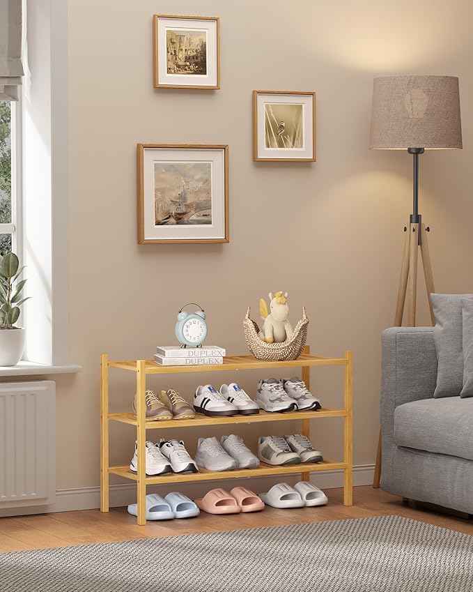Kitsure Bamboo Wooden Shoe Rack for Closet - Stackable Shoe Organizer with Modular Structure, Space-Saving Shoe Shelf for Entryway, Living Room, Bedroom, 26.8" x 11" x 18.9", Natural