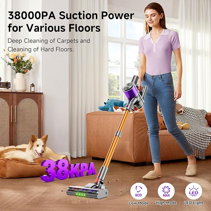 Clinkal Cordless Stick Vacuum Cleaner, 38Kpa Powerful Suction Vacuum Cleaner with LED Headlight, Detachable Battery, 8-in-1 Lightweight Handheld Vacuums for Pet Hair Carpet and Hardwood Floor, Purple