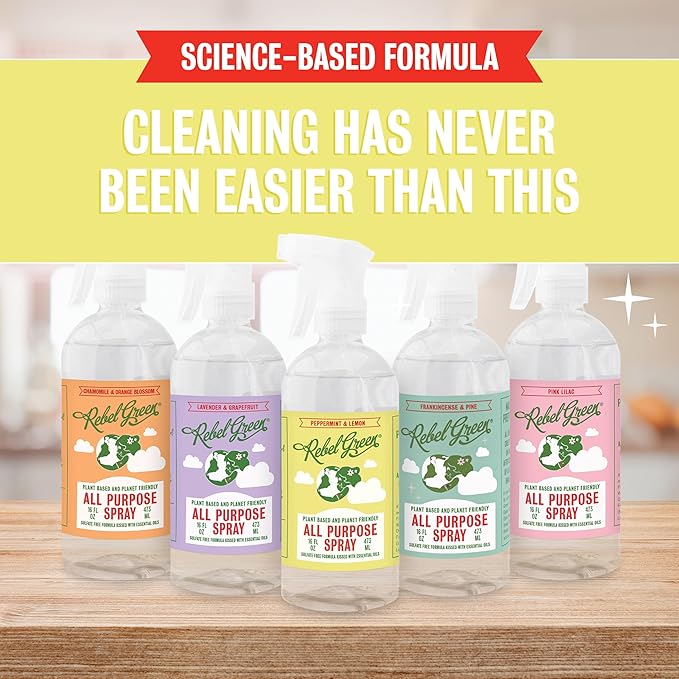 Rebel Green Natural All-Purpose Cleaning Spray - Plant-Derived Multi-Surface Cleaner with Essential Oils for Kitchen, Bath, Countertops and More - Peppermint & Lemon Scent - 16 oz - 1 Pack