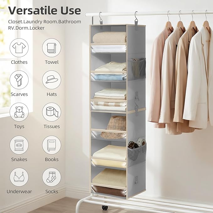 STORAGE MANIAC 6-Shelf Hanging Closet Organizer and Storage, 2 Separable 3-Shelf Haning Organizers for Closet, Collapsible Hanging Shelves Wardrobe Organization, College Dorm Room, Nursery, Gray