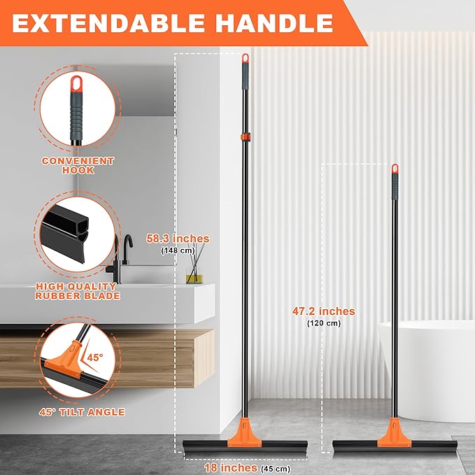 JEHONN Floor Squeegee Heavy Duty with 58.3 inches Long Handle, Rubber Scraper Broom for Cleaning Foam Water on Garage Concrete Bathroom Tile Marble Shower Glass Shop Deck Window Indoor Outdoor