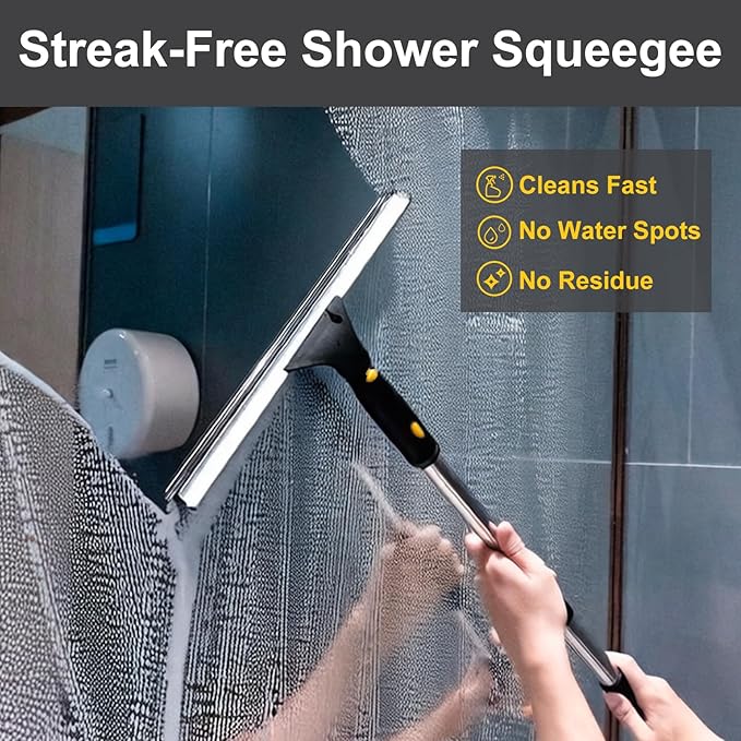 ITTAHO 14" Window Cleaning Tool, All-Purpose Extendable Window Squeegee with 2 Blades and Stainless Steel Pole, Shower Squeegee for Glass Doors,Shower Doors, Windows, Bathroom and Car Windshields