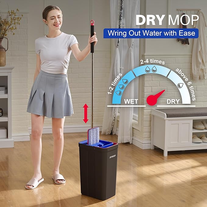 JOYMOOP Mop and Bucket with Wringer Set, Hands Free Flat Floor Mop and Bucket, with 4 Washable Microfiber Pads, Wet and Dry Use, Floor Cleaning System - Black+Red+Slate Blue