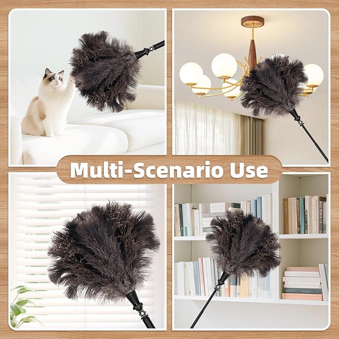 Extendable Ostrich Feather Duster with 17-42 inch Rotatable Aluminum Alloy Pole, Natural Fluffy Reusable Feather Duster for Cleaning High Ceilings, Pendant Lamps, Blinds, Furniture and Roof