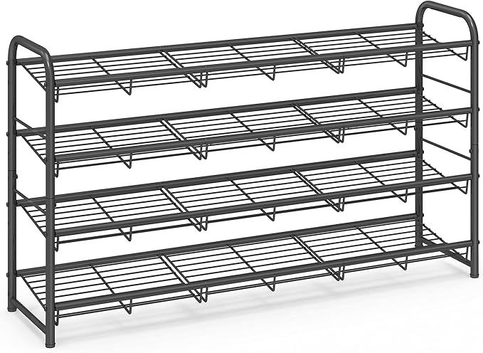 SONGMICS Stackable Shoe Rack, 4 Tier Metal Shoes Rack Storage Shelf, Holds up to 20 Pairs, Adjustable Slanted Shelves Tower Organizer for Closet Entryway Small Spaces, Black ULMR107BD01