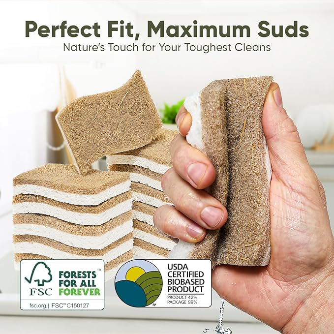 Plant-Based Kitchen Sponges (12 Pack) | USDA Biobased Certified | FSC & PETA Approved | Natural Cellulose & Coconut Scrubber Sponge | S-Shaped Design | Eco-Friendly, Non-Scratch, Non-Toxic & Vegan