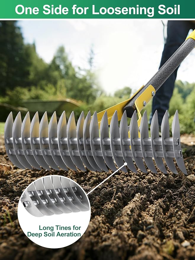 Thatch Rake, 2-in-1 Lawns Manual Dethatcher with Adjustable Head, 55" Heavy Duty Metal Dethatching Rake Garden Tools, 19-Tooth Sharp Blade for Yard Dead Grass, Moss Removal, Soil Loosening