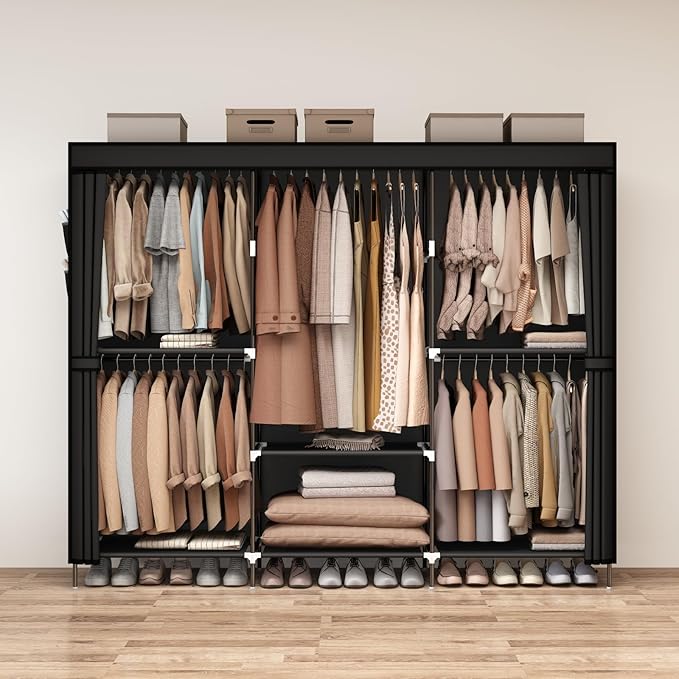 MOGELAFOO 83" Closet Wardrobe, Portable Closet for Bedroom, Freestanding Clothes Rack with Non-Woven Fabric Cover, 5 Hanging Rods, 6 Storage Shelves, Clothes Storage Organizer, Black