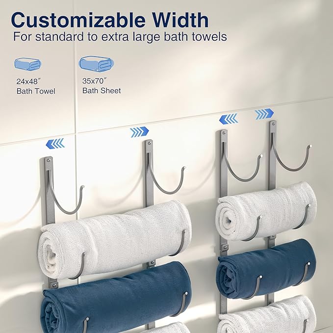 Bathroom Rolled Towel Rack: 4-Tier Wall Mounted Towel Storage Holder, Hanging Organizer for Towels, Blankets, Large Bath Sheets, Space Saving in RV, Closet, Toilet, Cabinet, Silver