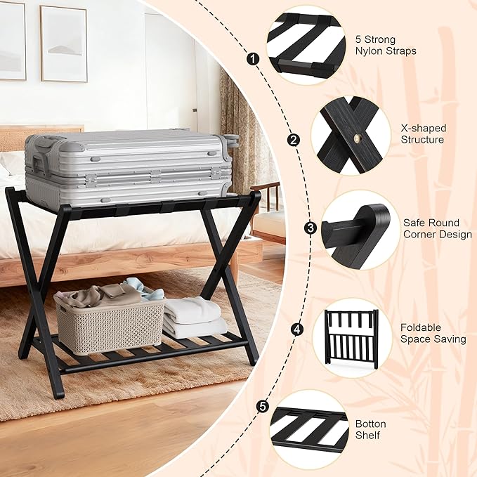 26.77"L Luggage Rack, Black Luggage Rack for Guest Room, Bamboo Folding Suitcase Stand with Storage Shelf, 5 Nylon Straps, Heavy Duty Luggage Holder for Bedroom Hotel, 1 Pack, Gift Box Packaging
