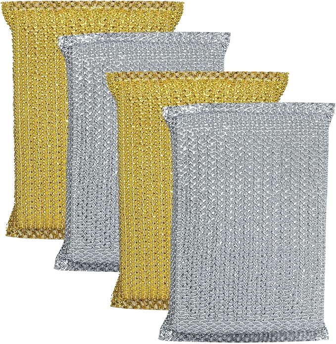 LOLA Wonder Non-Scratch Scouring Pad, 4 Pack, Large Knitted Flat Wire Cloth Fibers w/Foam Sponge Core, Assorted Colors (Gold or Silver)