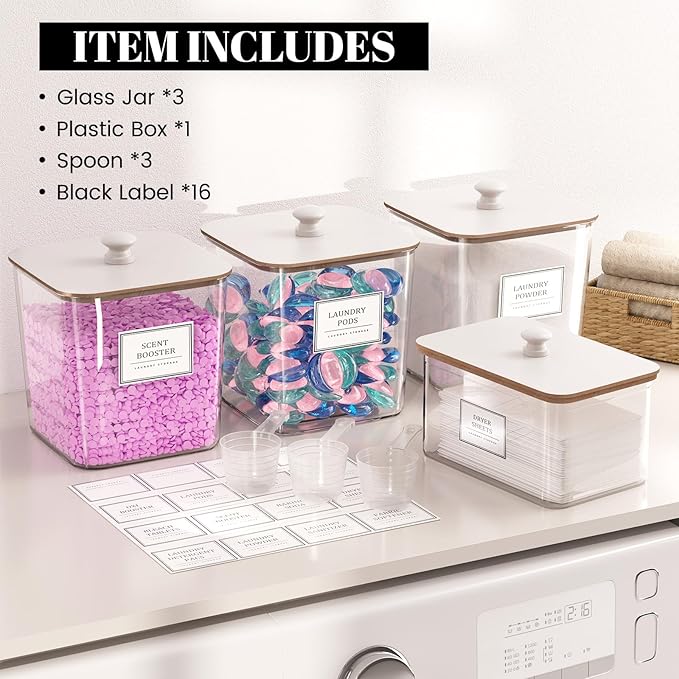Laundry Pods Storage Container, Clear Laundry Room Organization and Storage,Detergent Powder Container,with Wooden Lids & Labels, 3+1 Pack（White）