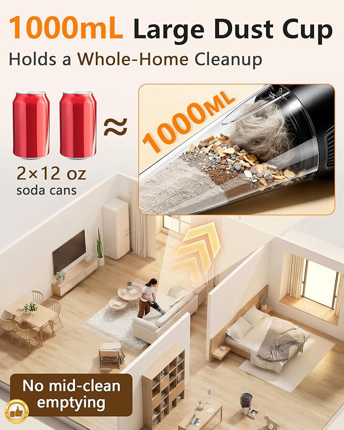 15-Minute Fast Cleaning 120㎡ Rooms Handheld Vacuum Cordless - 16000Pa Strong Suction Brushless Motor Portable Vacuum - 1000mL Dust Cup One-Touch Emptying No Mess - Ease Use for Debris Hair Cat Litter