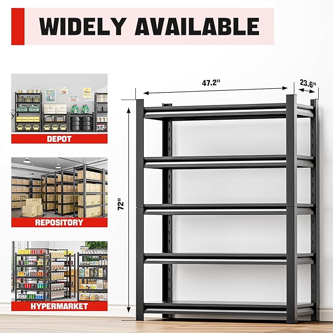 OLLRRACT Heavy Duty Garage Shelving 24" D x48 W x72 H– Durable Metal Storage Shelf Organizer for Garage, Workshop, or Utility Rooms, Heavy Duty Shelving Rack