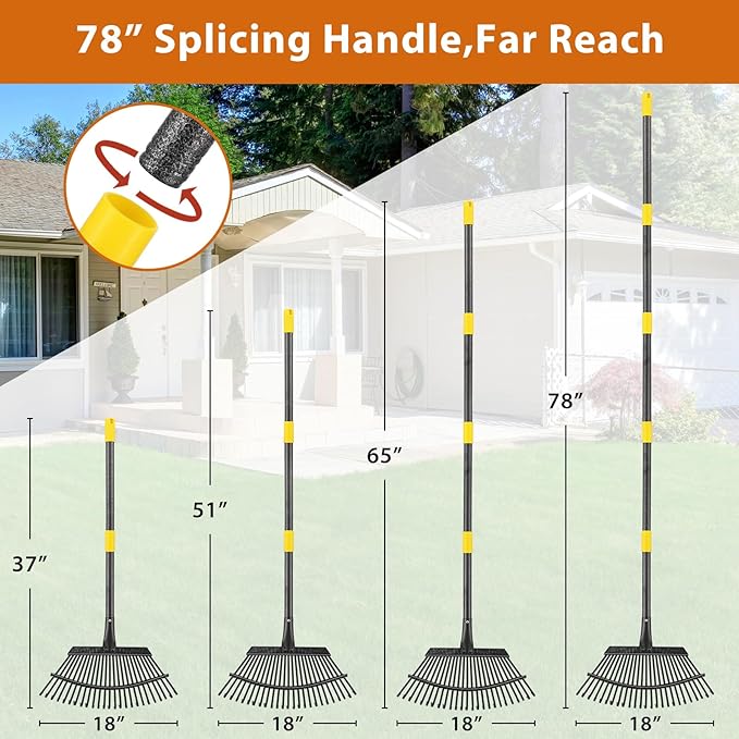 Rake for Leaves: Large 18" Wide Metal Leaf Rake, 65” Long Handle,25 Tines,Heavy Duty Graden Rakes Set for Lawn Yard Pine Needles Mulch Thatch Debris Cleanup Set with 32Gallon Leaf Bags and Scoops
