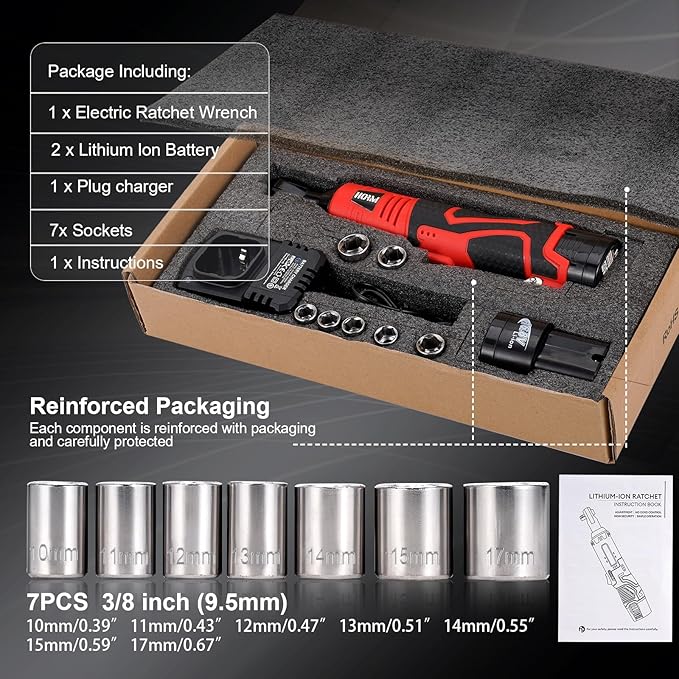 3/8" Cordless Electric Ratchet Wrench Set, 40 Ft-Lbs 16.8V Battery Power Ratchet Tool Kit with Variable Speed Trigger, 2 Packs 2.0Ah Battery, Charger, 7 Sockets