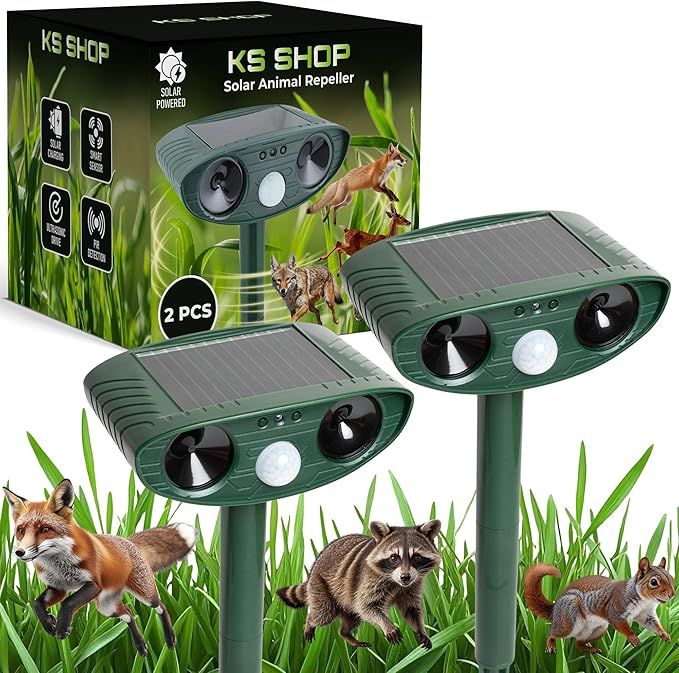 Solar Ultrasonic Animal Repeller Pack 2PCS | 120° Motion Sensor Up to 33ft Range | Waterproof Outdoor Deterrent for Garden & Yard | Deer, Cat, Dog & Raccoon Repellent | Solar Powered Pest