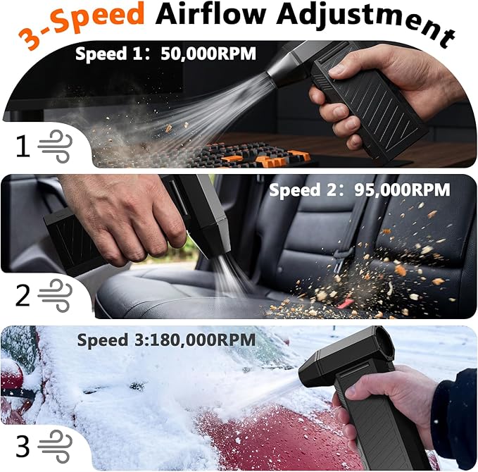 Preciva 2-in-1 Compressed Air Duster, 180,000 RPM High-Speed Turbo Electric Duster & Vacuum with 3-Second Deep Cleaning, Rechargeable Battery, 6 Attachments and LED Light for Keyboard, PC, Car, Home