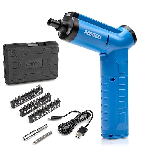 NEIKO 10580A Electric Screwdriver, 34pc Rechargeable Cordless Screwdriver Set, 1/4” Hex Shank 3.6V Lithium Ion Power Screwdriver, 3 LED Lights, USB C Charger Included, Mini Screw Driver
