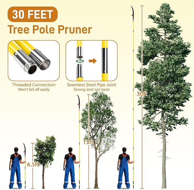 Outvita Manual Pole Saw, 30 Feet Extendable Tree Pruner with Knives and Storage Pocket, Sharp Steel Blade and Scissors High Branches Trimming for Pruning Palms and Shrubs(Yellow)